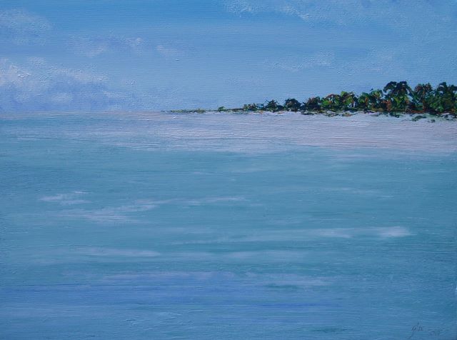 A painted scene of the Caribbean, with palm trees in the background