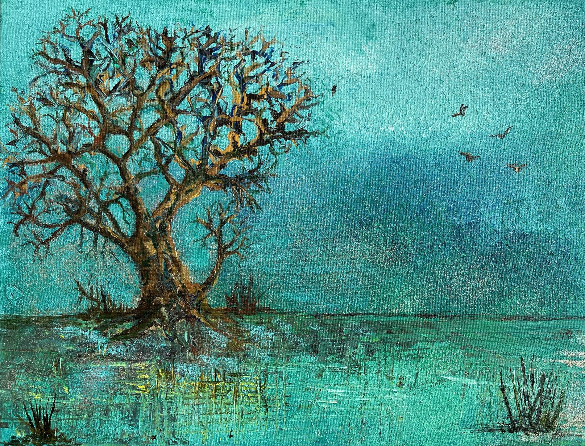 Acrylic picture of a tree on a cold winters day