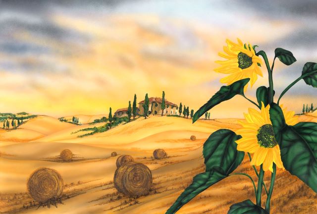Airbrushed acrylics picture of a scene from Tuscany