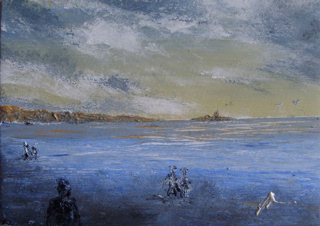 Acrylic painting of walkers, on the beach near Corbiere, Jersey.
